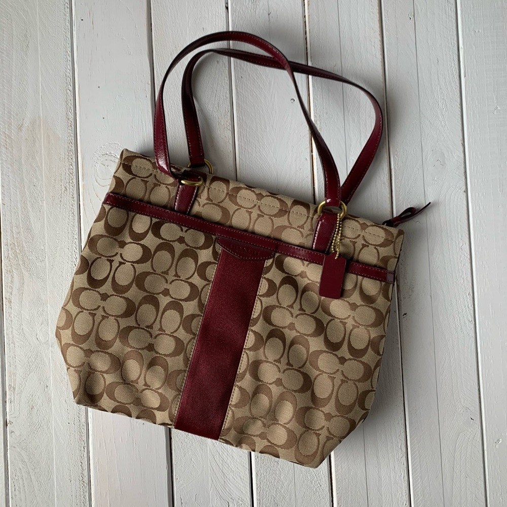 NWOT COACH F28504 Signature SIS Tote/ Khaki Merlot